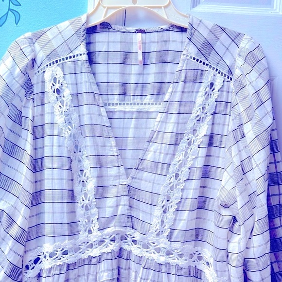 Free People Time Out Plaid Lace Boho White Olive Green Tunic Top Women's Size XS - Picture 4 of 14